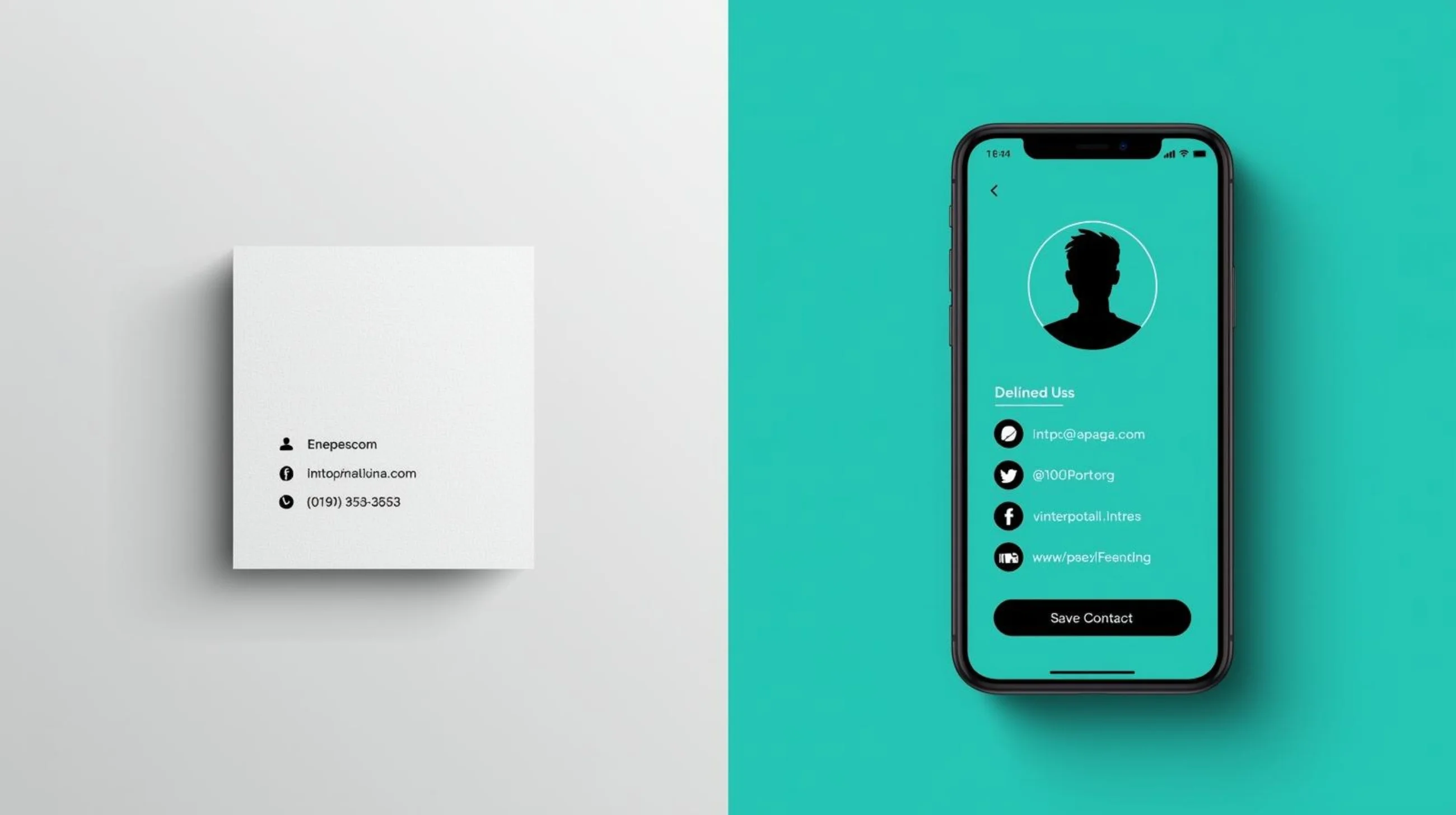 Comparison of a paper business card versus a digital business card on a phone screen